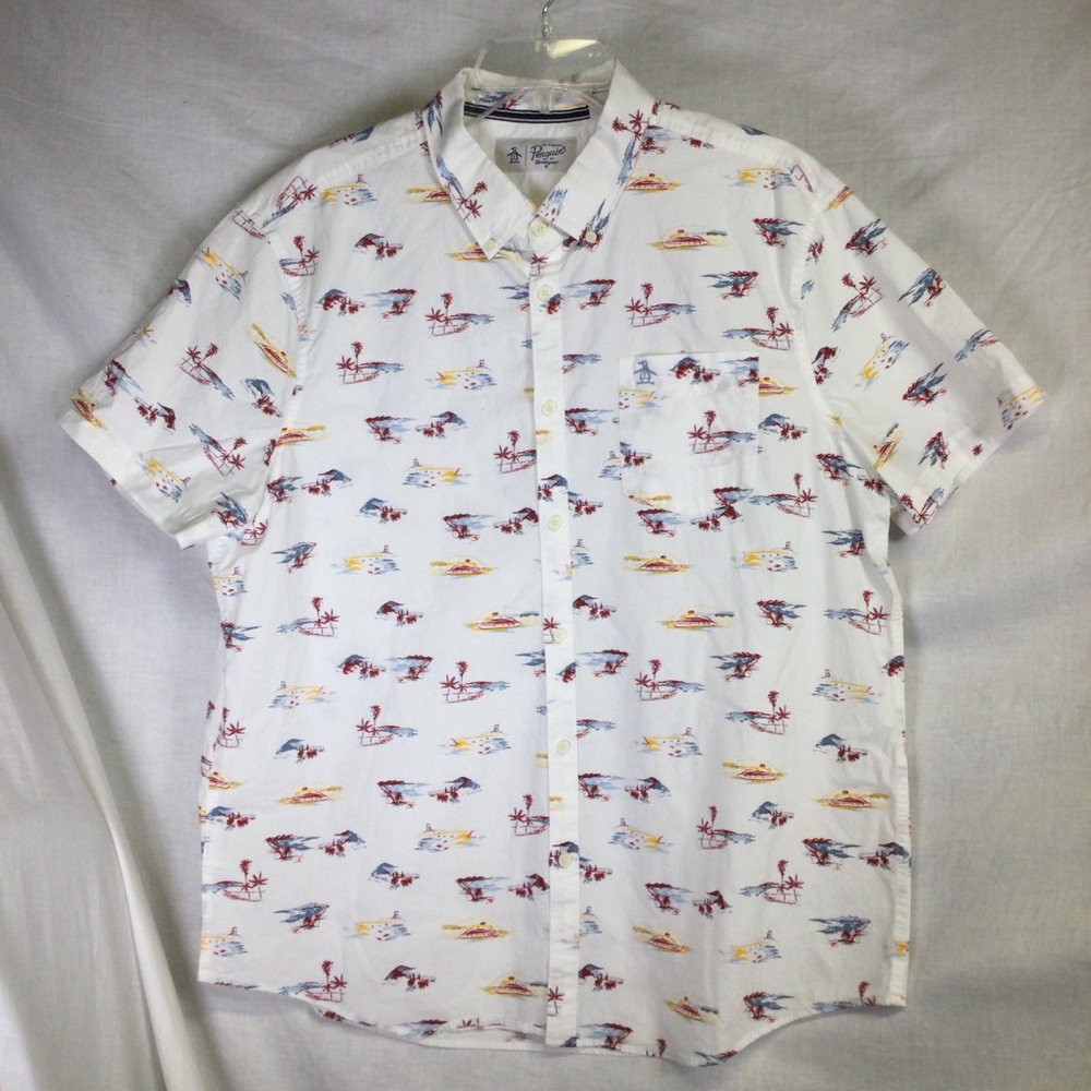 Penguin by Munsingwear Men's White Short Sleeve Shirt Hawaiian Sz XL